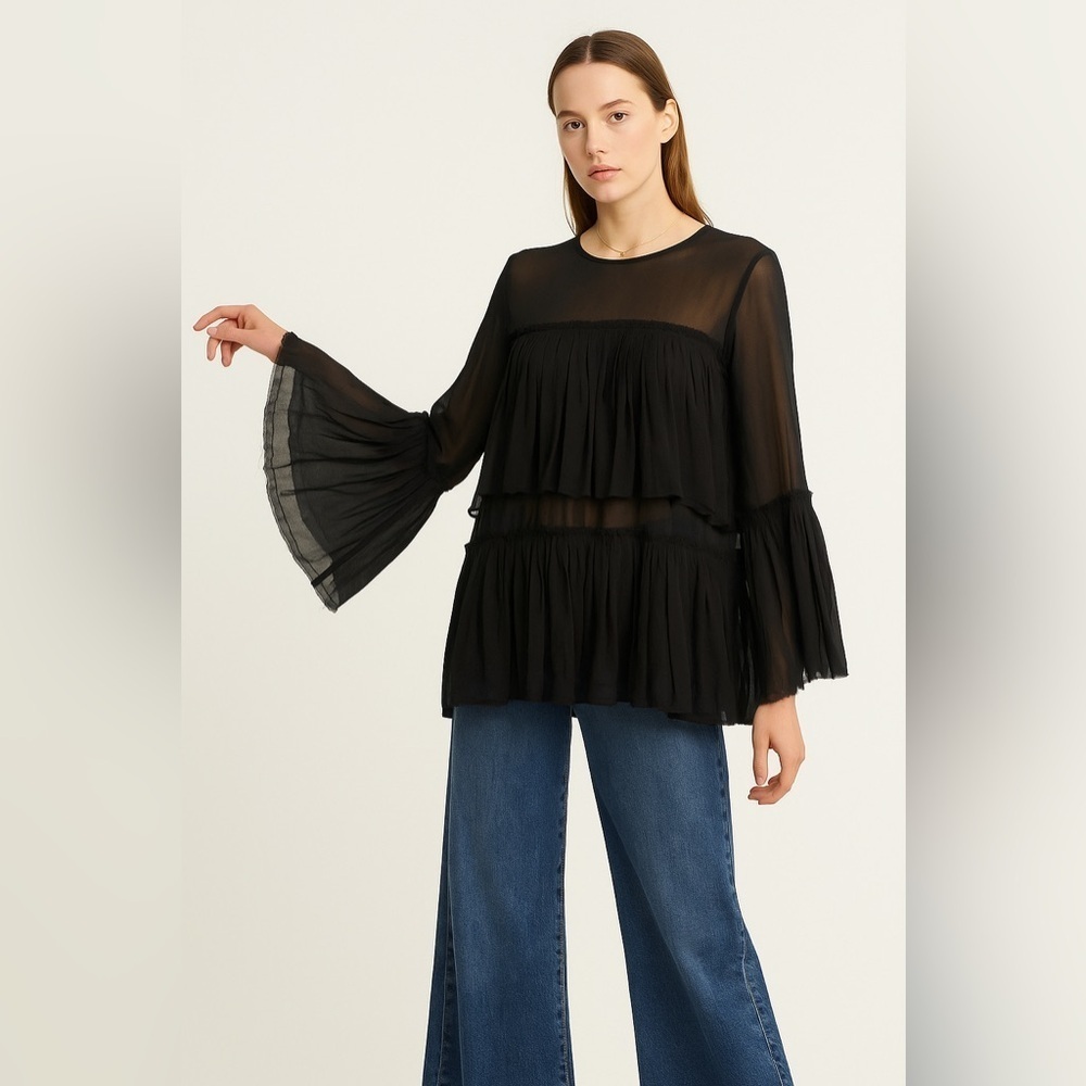 Nicholas Whimsigoth Sheer Bell Sleeve Blouse Size 6 Black Fairy Witchy Romantic